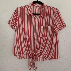 Hippie Rose Womens Top Size Medium Pink Striped Tie Front Button Up Short Sleeve